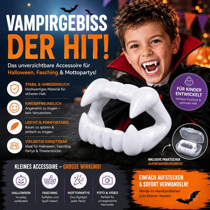 1x Vampirgebiss Fasching - kinderfreundlich - passend für Kinder - stabil & unbedenklich - Vampirzähne Gebiss Dracula