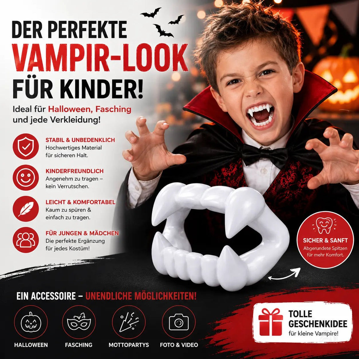 1x Vampirgebiss Fasching - kinderfreundlich - passend für Kinder - stabil & unbedenklich – Detailansicht 6