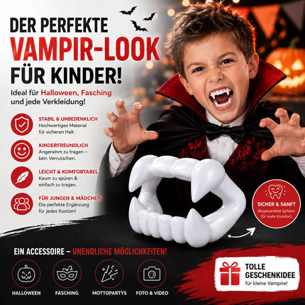 1x Vampirgebiss Fasching - kinderfreundlich - passend für Kinder - stabil & unbedenklich - Vampirzähne Gebiss Dracula