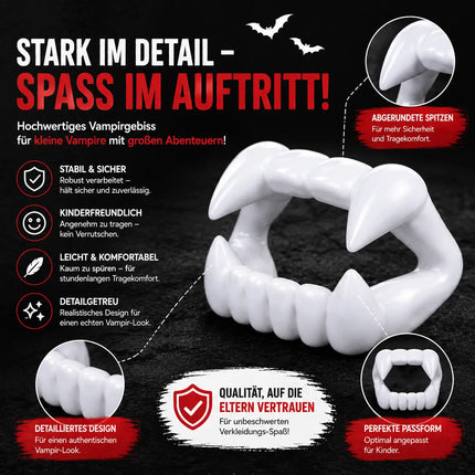 1x Vampirgebiss Fasching - kinderfreundlich - passend für Kinder - stabil & unbedenklich - Vampirzähne Gebiss Dracula
