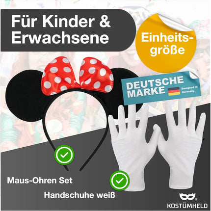 2 in 1 - Minnie Mini Maus Ohren Fasching Kostüm Set mit Handschuhen und Mausohren