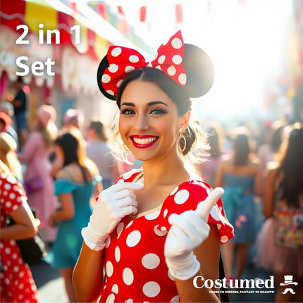 2 in 1 - Minnie Mini Maus Ohren Fasching Kostüm Set mit Handschuhen und Mausohren