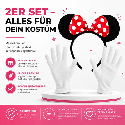 2 in 1 - Minnie Mini Maus Ohren Fasching Kostüm Set mit Handschuhen und Mausohren