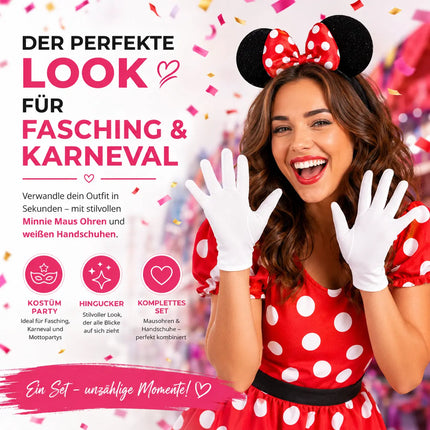 2 in 1 - Minnie Mini Maus Ohren Fasching Kostüm Set mit Handschuhen und Mausohren