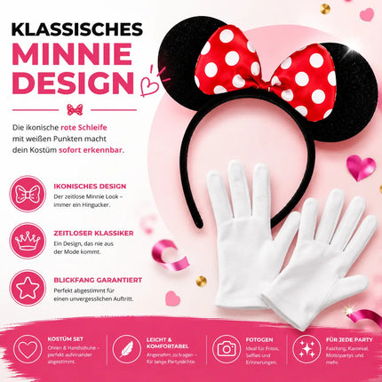 2 in 1 - Minnie Mini Maus Ohren Fasching Kostüm Set mit Handschuhen und Mausohren