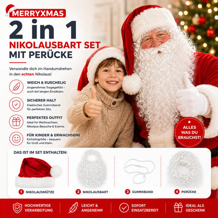 2 in 1 - Nikolausbart Set mit Perücke für Weihnachten