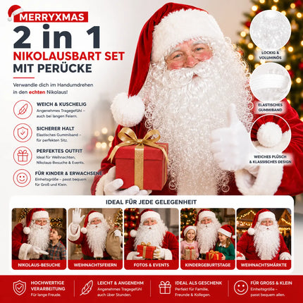 2 in 1 - Nikolausbart Set mit Perücke für Weihnachten