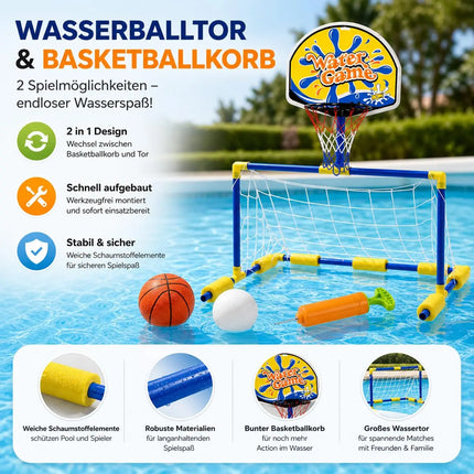 2 in 1 Poolspiel mit Wasserballtor & Basketballkorb – Wasserspielzeug für Kinder & Erwachsene inkl. Bälle
