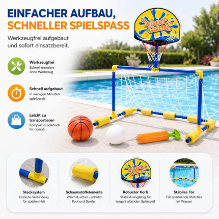 2 in 1 Poolspiel mit Wasserballtor & Basketballkorb – Wasserspielzeug für Kinder & Erwachsene inkl. Bälle