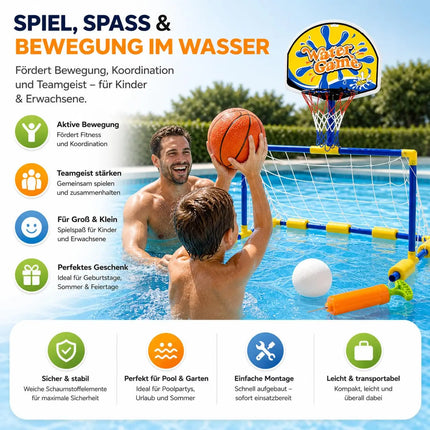 2 in 1 Poolspiel mit Wasserballtor & Basketballkorb – Wasserspielzeug für Kinder & Erwachsene inkl. Bälle