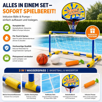 2 in 1 Poolspiel mit Wasserballtor & Basketballkorb – Wasserspielzeug für Kinder & Erwachsene inkl. Bälle