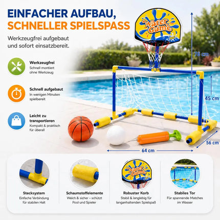 2 in 1 Poolspiel mit Wasserballtor & Basketballkorb – Wasserspielzeug für Kinder & Erwachsene inkl. Bälle
