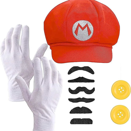 2 in 1 - Set Super Mario Kostüm Fasching mit Handschuhen, Schnurrbart, Mütze, Knöpfen