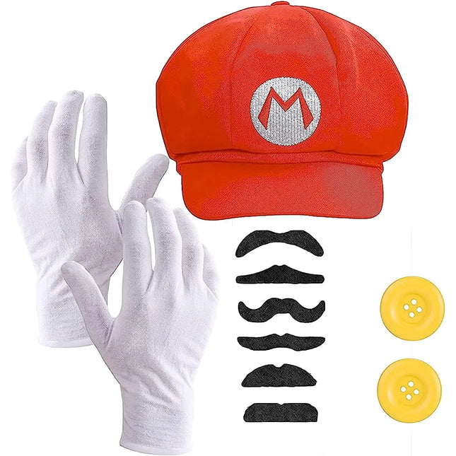 2 in 1 - Set Super Mario Kostüm Fasching mit Handschuhen, Schnurrbart, Mütze, Knöpfen