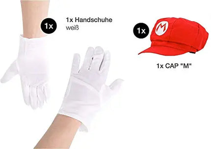 2 in 1 - Set Super Mario Kostüm Fasching mit Handschuhen, Schnurrbart, Mütze, Knöpfen