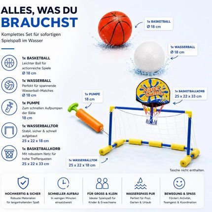 2 in 1 Wasserballspiel für Kinder & Erwachsene – Basketballkorb & Wasserballtor inkl. Bälle – Wasserspiel für Pool & Garten