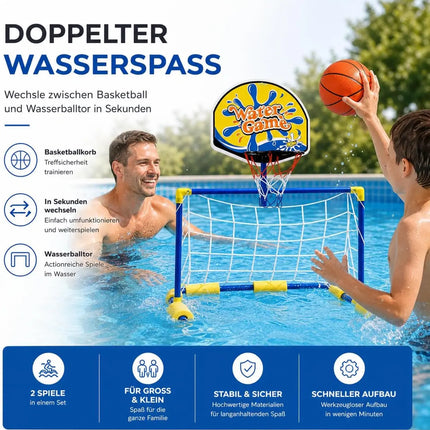 2 in 1 Wasserballspiel für Kinder & Erwachsene – Basketballkorb & Wasserballtor inkl. Bälle – Wasserspiel für Pool & Garten