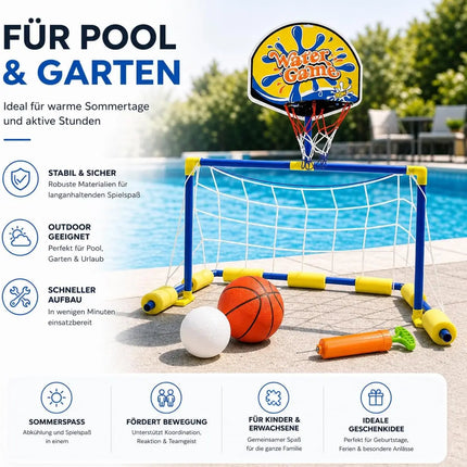 2 in 1 Wasserballspiel für Kinder & Erwachsene – Basketballkorb & Wasserballtor inkl. Bälle – Wasserspiel für Pool & Garten
