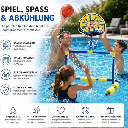 2 in 1 Wasserballspiel für Kinder & Erwachsene – Basketballkorb & Wasserballtor inkl. Bälle – Wasserspiel für Pool & Garten