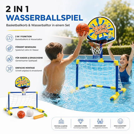 2 in 1 Wasserspiel mit Basketballkorb & Wasserballtor – Poolspiel für Kinder und Erwachsene inkl. Bälle