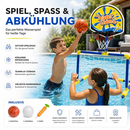 2 in 1 Wasserspiel mit Basketballkorb & Wasserballtor – Poolspiel für Kinder und Erwachsene inkl. Bälle