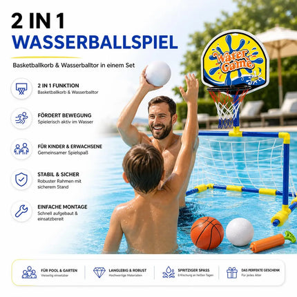 2 in 1 Wasserspiel mit Basketballkorb & Wasserballtor – Poolspiel für Kinder und Erwachsene inkl. Bälle