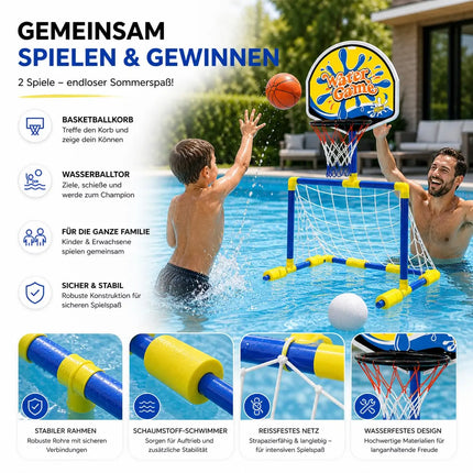 2 in 1 Wasserspiel mit Basketballkorb & Wasserballtor – Poolspiel für Kinder und Erwachsene inkl. Bälle
