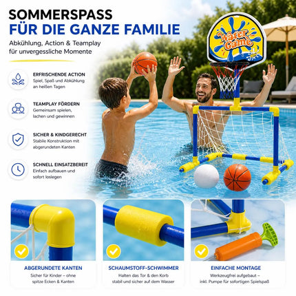 2 in 1 Wasserspiel mit Basketballkorb & Wasserballtor – Poolspiel für Kinder und Erwachsene inkl. Bälle