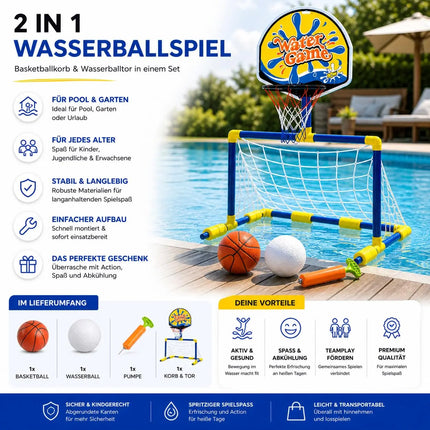 2 in 1 Wasserspiel mit Basketballkorb & Wasserballtor – Poolspiel für Kinder und Erwachsene inkl. Bälle