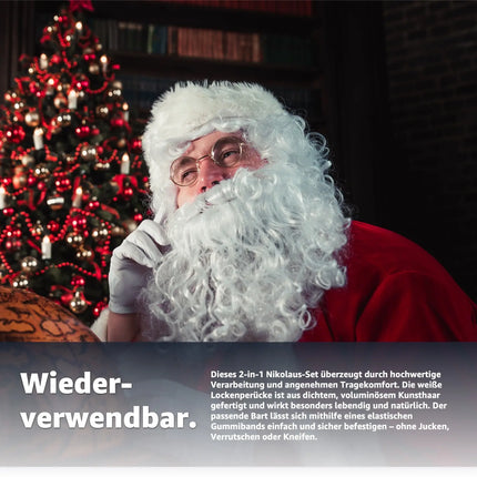 2 in 1 - Weihnachtsmannbart - Nikolausbart Kostümbart weiß Weiss