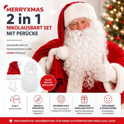 2 in 1 - Weihnachtsmannbart - Nikolausbart Kostümbart weiß Weiss
