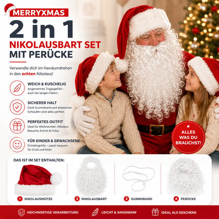 2 in 1 - Weihnachtsmannbart - Nikolausbart Kostümbart weiß Weiss