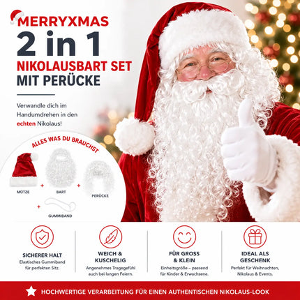 2 in 1 - Weihnachtsmannbart - Nikolausbart Kostümbart weiß Weiss