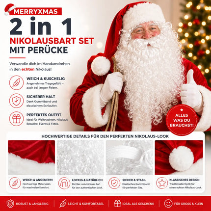 2 in 1 - Weihnachtsmannbart - Nikolausbart Kostümbart weiß Weiss