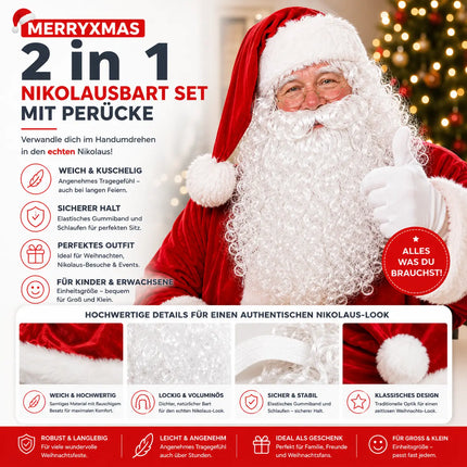 2 in 1 - Weihnachtsmannbart - Nikolausbart Kostümbart weiß Weiss