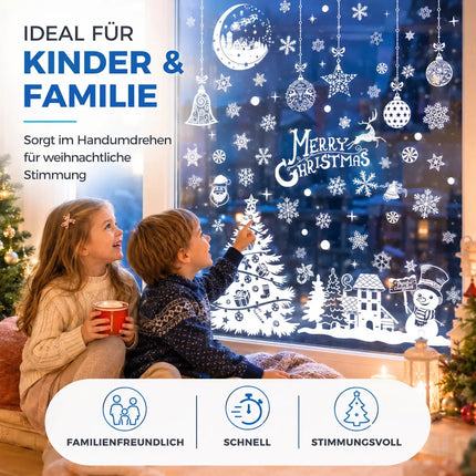 202-teiliges Fensterbilder Set Weihnachten – selbstklebende Aufkleber ohne Rückstände – statisch haftende Sticker für Fenster, Glas & Spiegel – Weihnachtsdeko mit Schneeflocken, Rentieren & Sternen