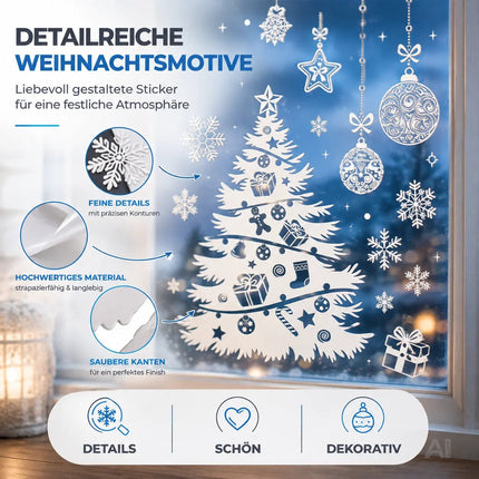 202-teiliges Fensterbilder Set Weihnachten – selbstklebende Aufkleber ohne Rückstände – statisch haftende Sticker für Fenster, Glas & Spiegel – Weihnachtsdeko mit Schneeflocken, Rentieren & Sternen
