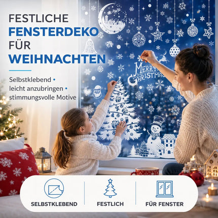 202-teiliges Fensterbilder Set Weihnachten – selbstklebende Aufkleber ohne Rückstände – statisch haftende Sticker für Fenster, Glas & Spiegel – Weihnachtsdeko mit Schneeflocken, Rentieren & Sternen