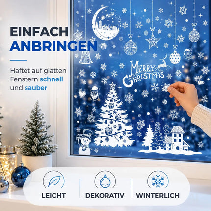 202-teiliges Fensterbilder Set Weihnachten – selbstklebende Aufkleber ohne Rückstände – statisch haftende Sticker für Fenster, Glas & Spiegel – Weihnachtsdeko mit Schneeflocken, Rentieren & Sternen