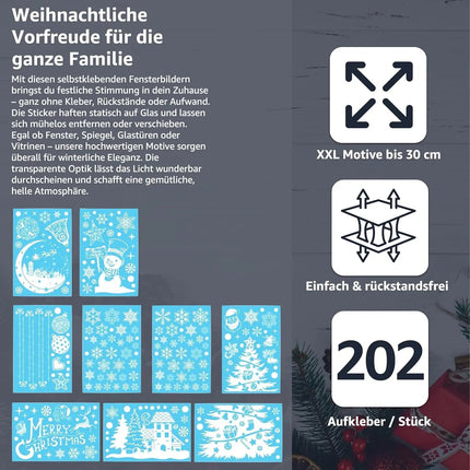 202-teiliges Fensterbilder Set Weihnachten – selbstklebende Aufkleber ohne Rückstände – statisch haftende Sticker für Fenster, Glas & Spiegel – Weihnachtsdeko mit Schneeflocken, Rentieren & Sternen