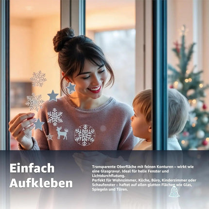 202-teiliges Fensterbilder Set Weihnachten – selbstklebende Aufkleber ohne Rückstände – statisch haftende Sticker für Fenster, Glas & Spiegel – Weihnachtsdeko mit Schneeflocken, Rentieren & Sternen