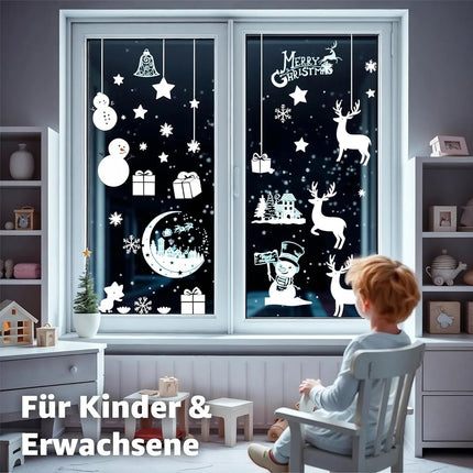 202-teiliges Fensterbilder Set Weihnachten – selbstklebende Aufkleber ohne Rückstände – statisch haftende Sticker für Fenster, Glas & Spiegel – Weihnachtsdeko mit Schneeflocken, Rentieren & Sternen