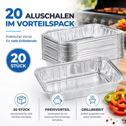 20x Aluminiumschale Einweg Grillschale – Fettauffangschale & Tropfschale für Gasgrill, Holzkohlegrill, Elektrogrill und Backofen (195x152x40 mm)