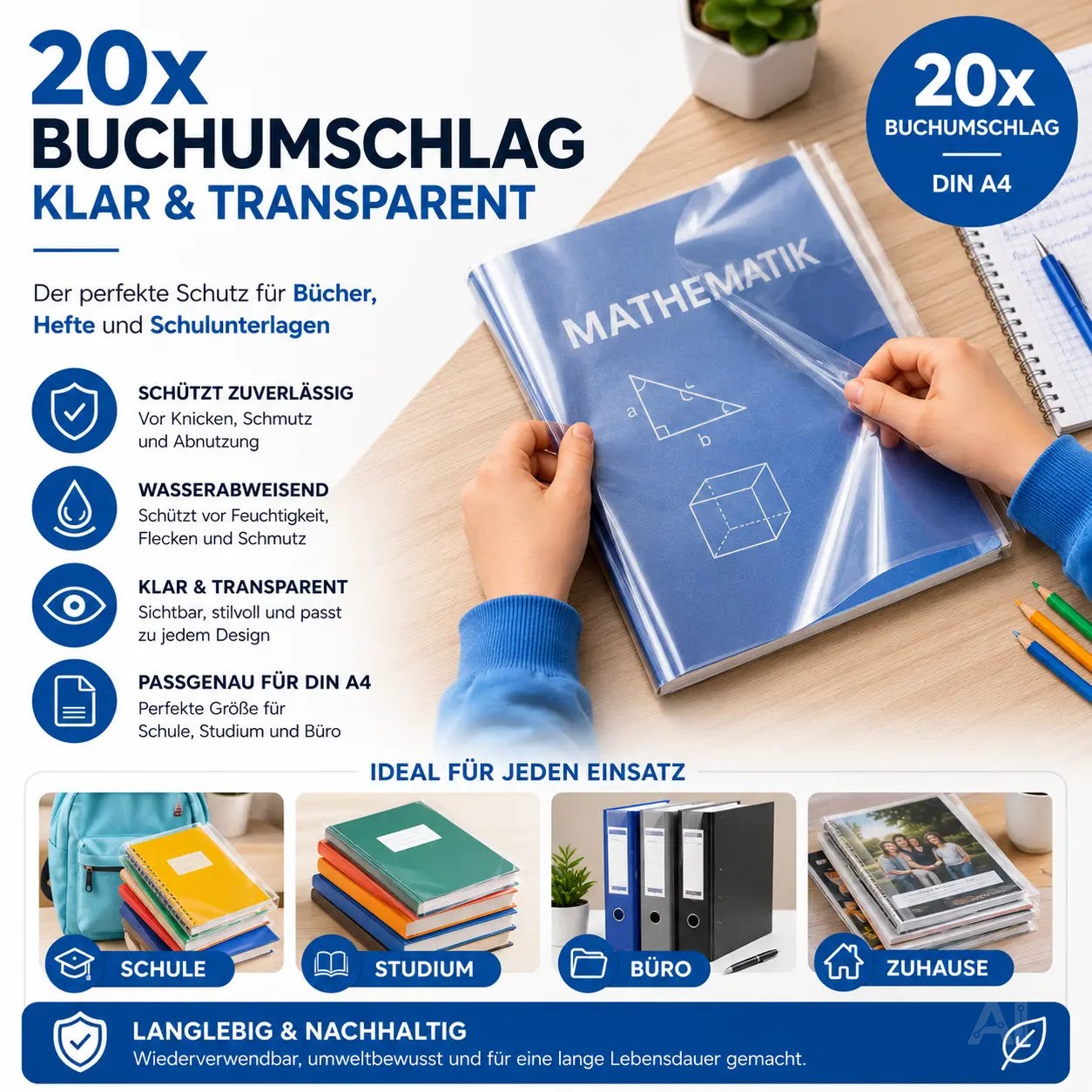 20x Buchumschlag DIN A4 klar & transparent Umschlag & Hefthülle Buchschoner