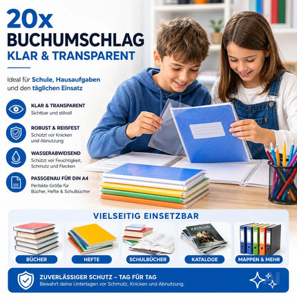 20x Buchumschlag DIN A4 klar & transparent Umschlag & Hefthülle Buchschoner