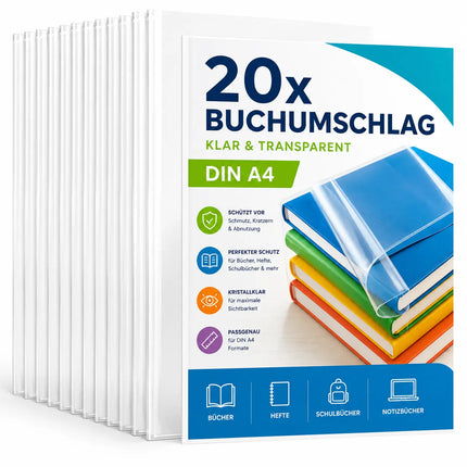 20x Buchumschlag DIN A4 klar & transparent Umschlag & Hefthülle Buchschoner