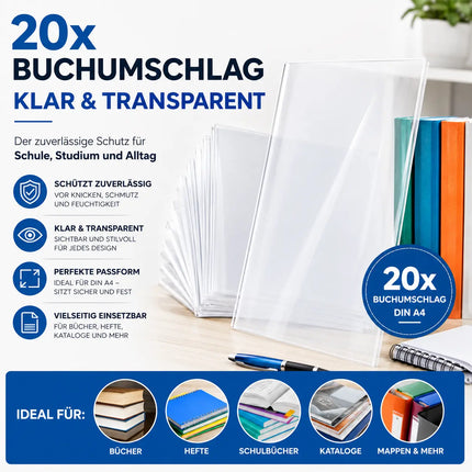 20x Buchumschlag Hefthülle Schutzhülle Einband DIN A4 - transparent klar