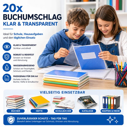 20x Buchumschlag Hefthülle Schutzhülle Einband DIN A4 - transparent klar