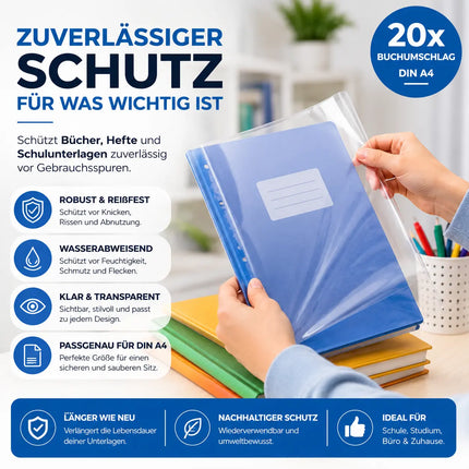 20x Buchumschlag Hefthülle Schutzhülle Einband DIN A4 - transparent klar