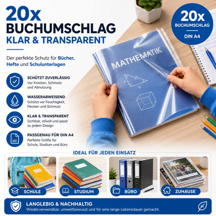 20x Buchumschlag Hefthülle Schutzhülle Einband DIN A4 - transparent klar